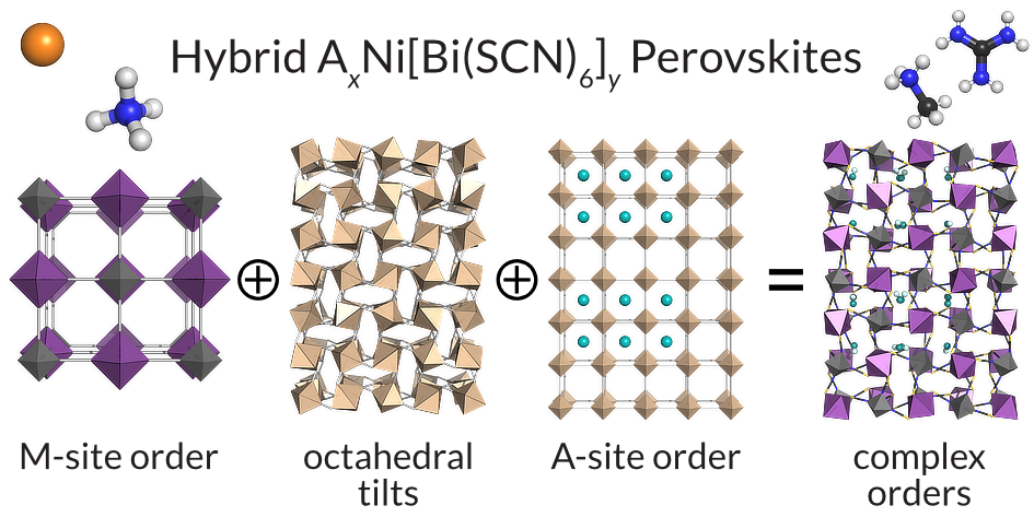 Fig. 1 Combining multiple orderings is possible in A{NiBi(SCN)$_6$} perovskites through the A site cations.